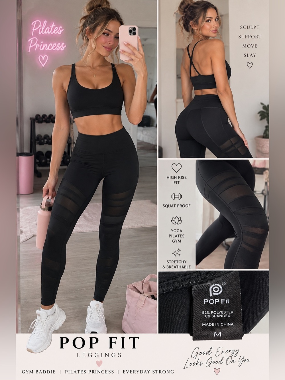 PopFit Black Leggings M Gym Baddie Pilates Princess Sculpt Athleisure